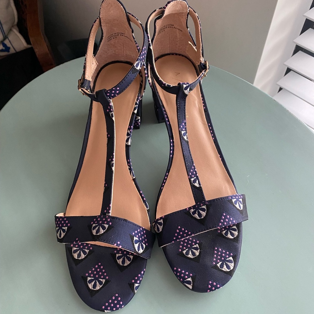 Anthropologie Floral T-Strap Heels Navy/Pink